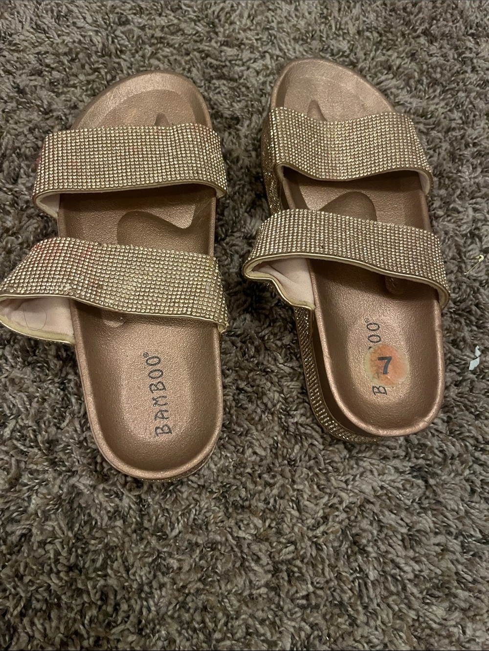BAMBOO Metallic Rose Gold Rhinestone Double-Strap Slide Sandals